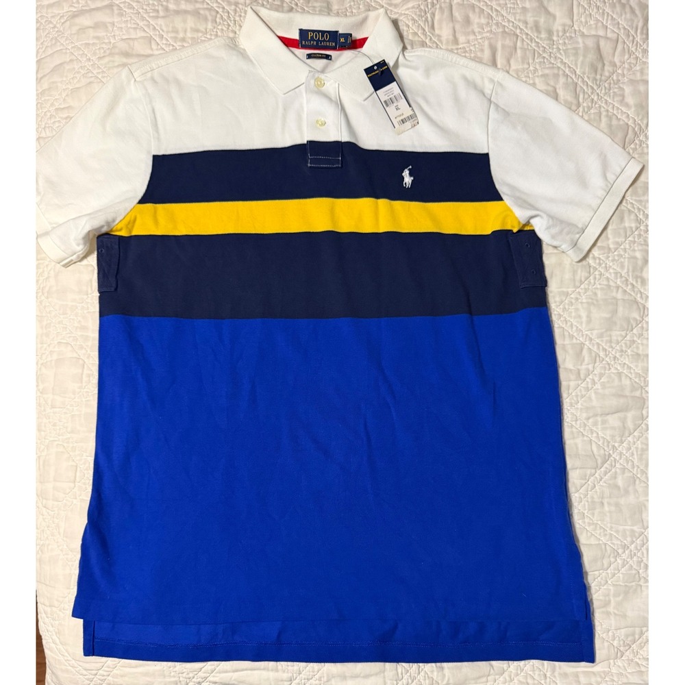 Polo Ralph Lauren Mens Custom Fit Colorblock Polo Shirt White Blue Yellow XL NWT